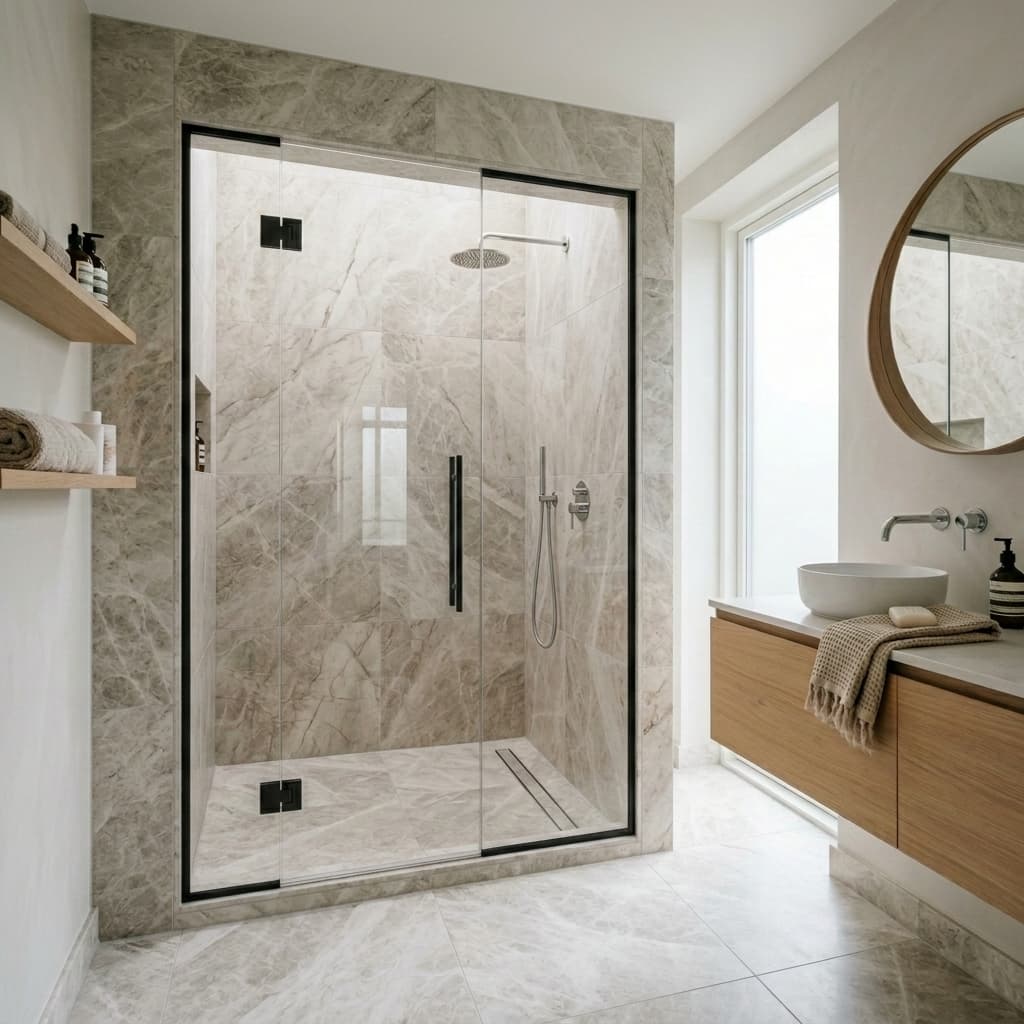 AI-generated preview with Ozone premium glass shower enclosure installed